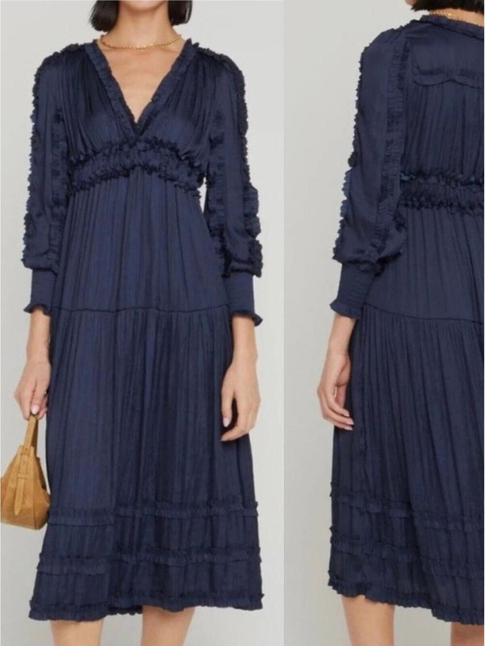 O.P.T Navy Blue Pleated Midi Dress XS Long Sleeve Boho Romantic Formal